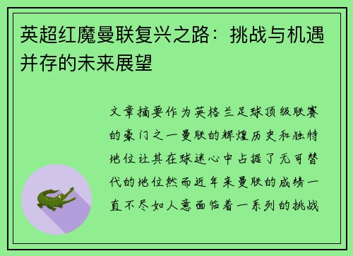 英超红魔曼联复兴之路：挑战与机遇并存的未来展望