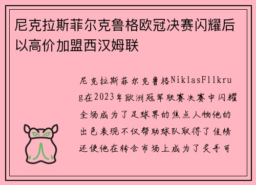 尼克拉斯菲尔克鲁格欧冠决赛闪耀后以高价加盟西汉姆联